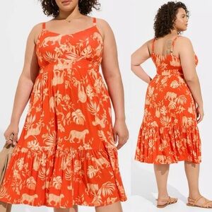 Torrid Midi Super Soft Orange Roaming Leopards Tiered Dress | 2X